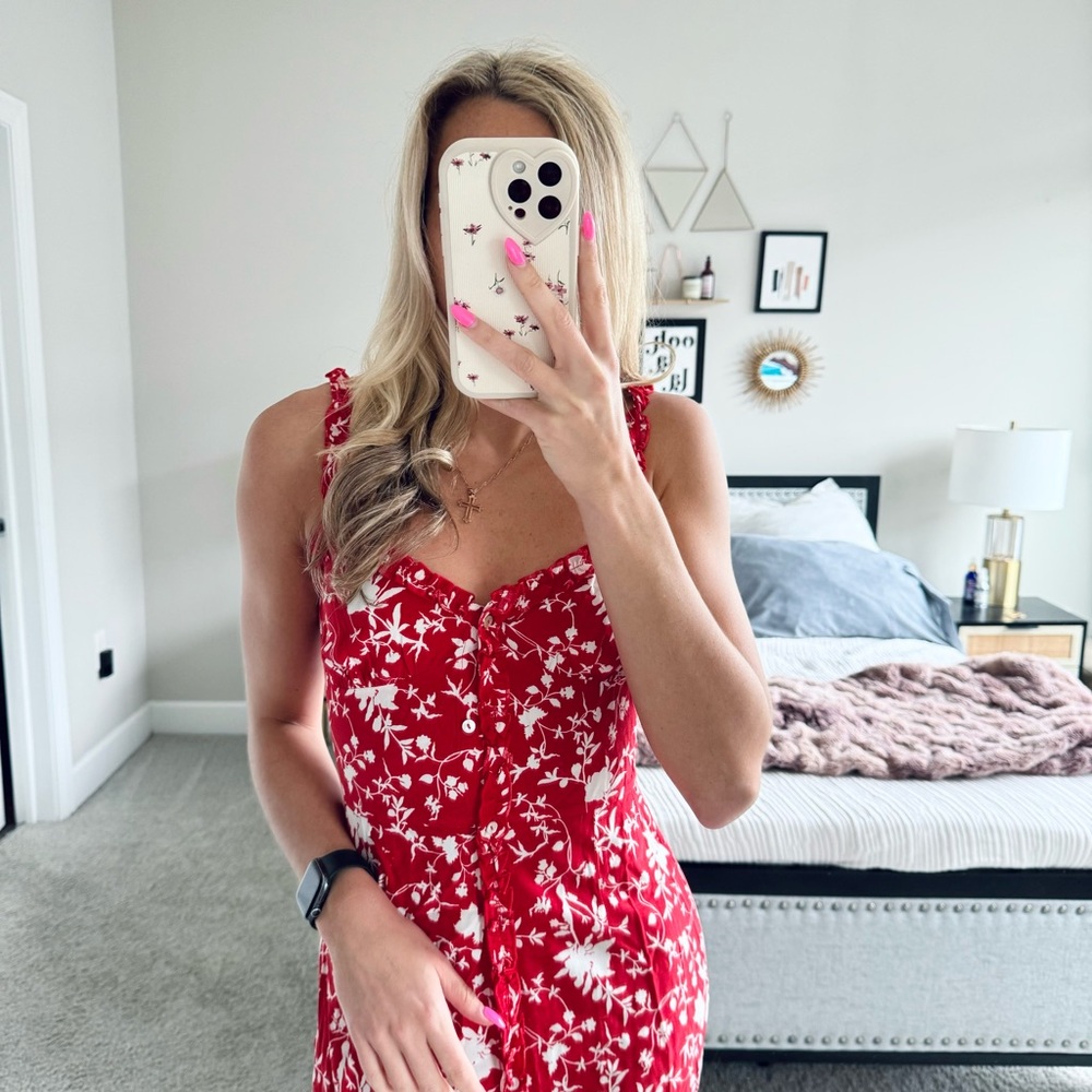 Aritzia Wilfred Red Floral Midi Dress Button Front Ruffle